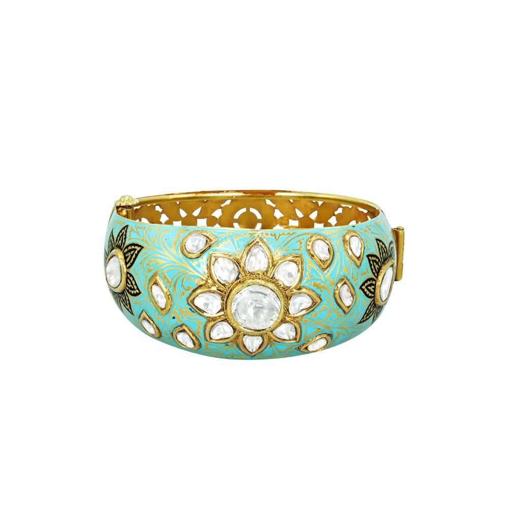Turquoise Enamel Bangle with Polki Florals and Engraved Band